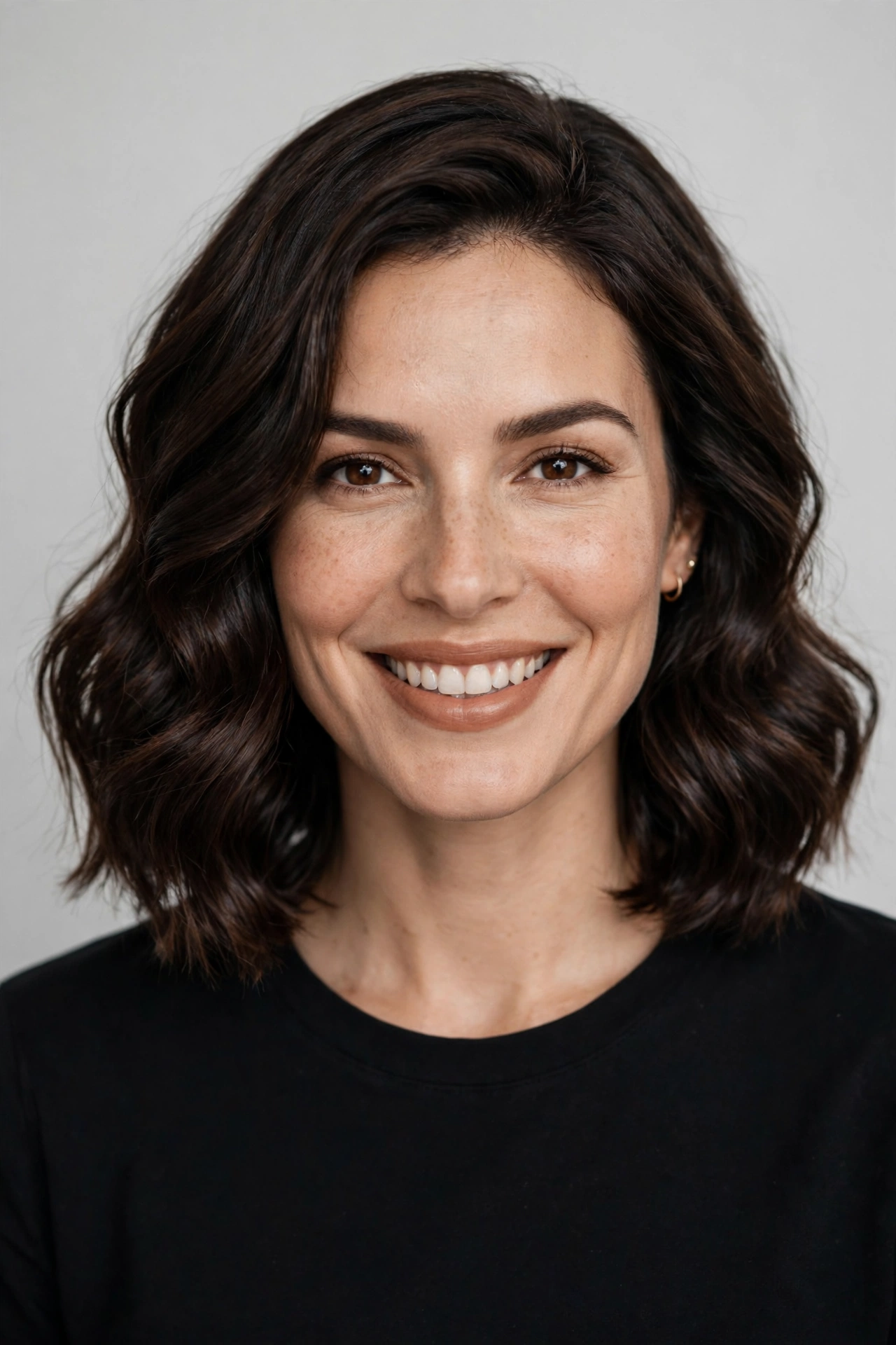 Rich brunette wavy lob with glossy defined waves