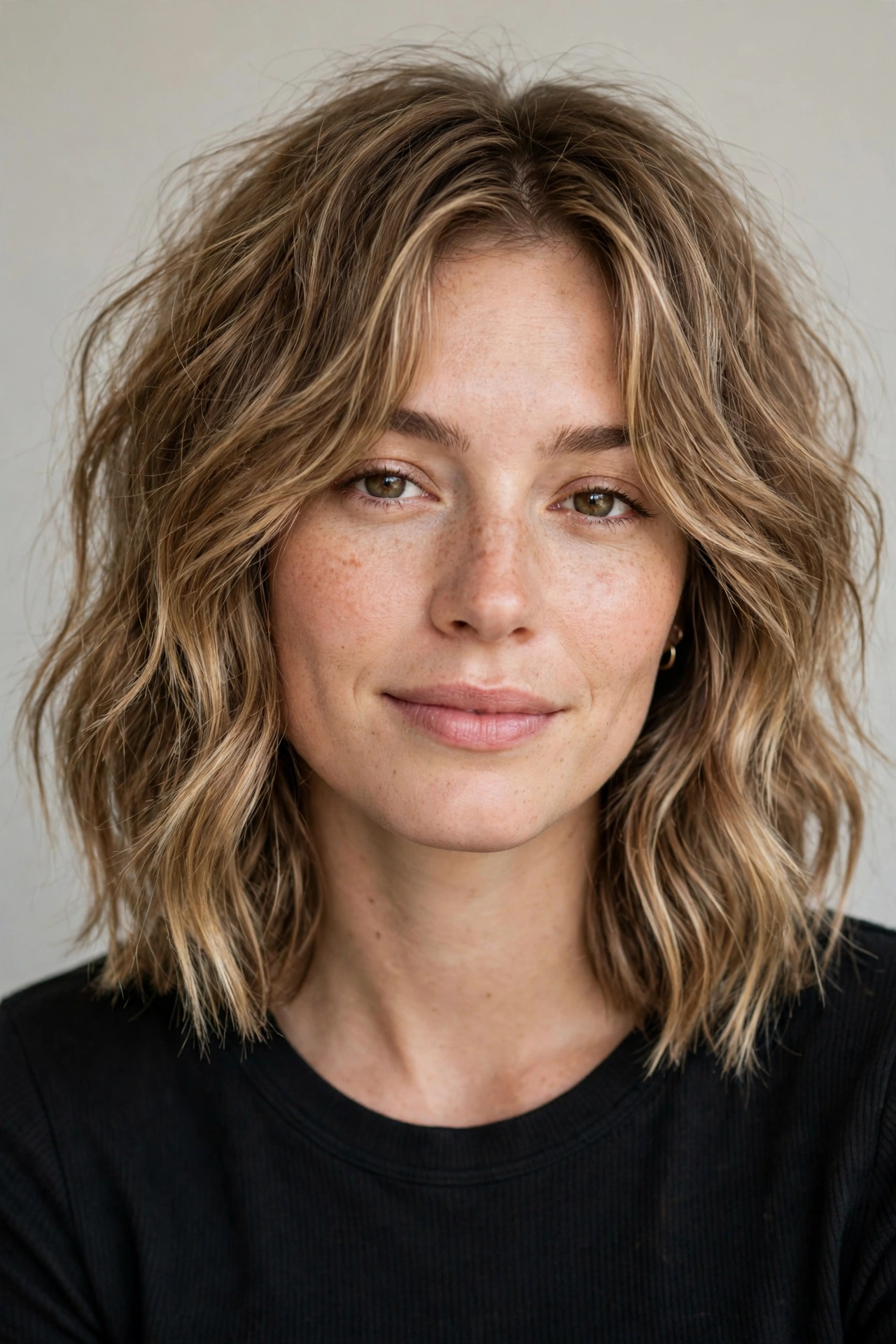 Shaggy wavy lob with choppy layers and tousled texture
