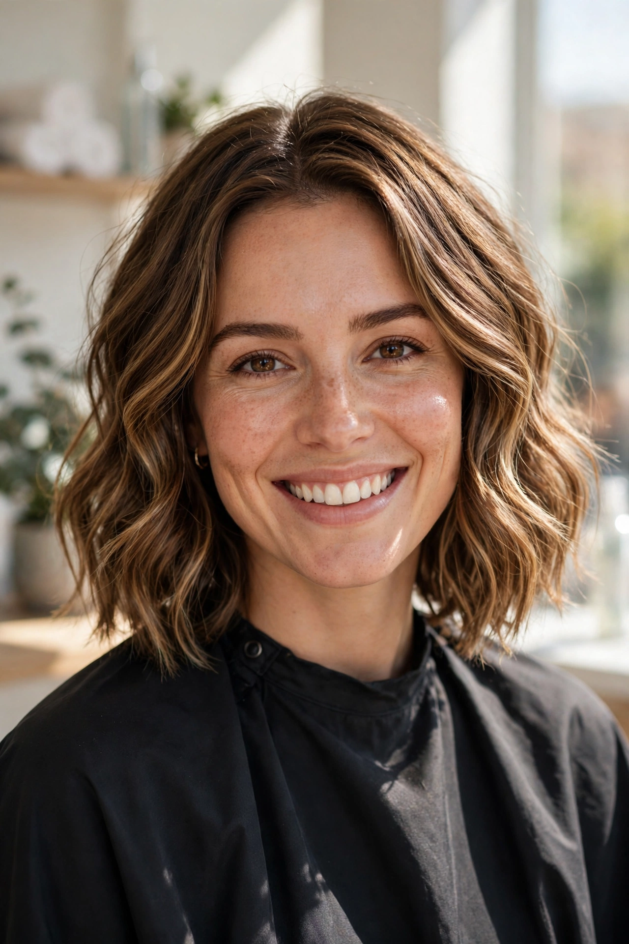 Wavy lob with sun kissed caramel highlights