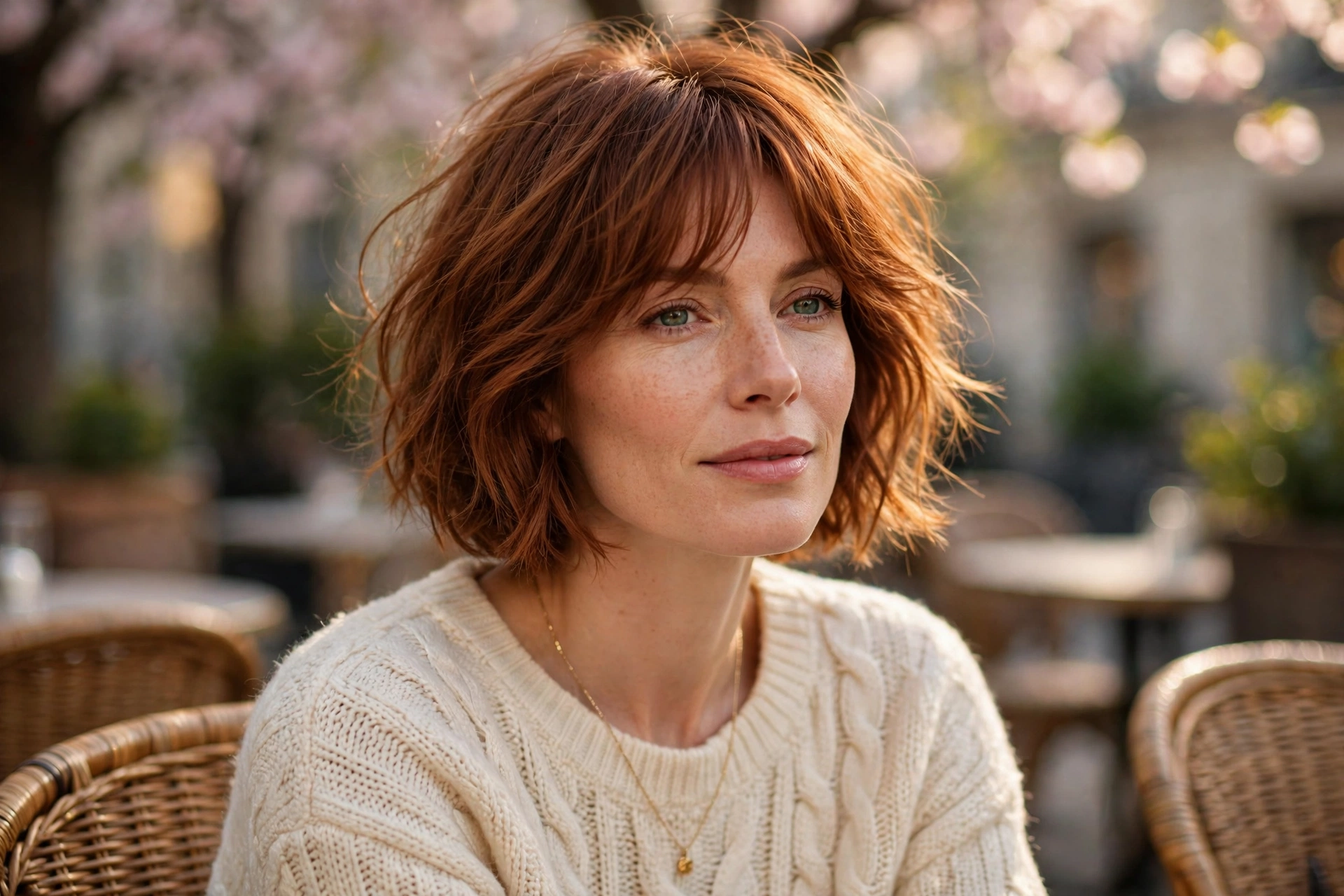 French bob cafe style, tousled auburn bob with bangs on a woman
