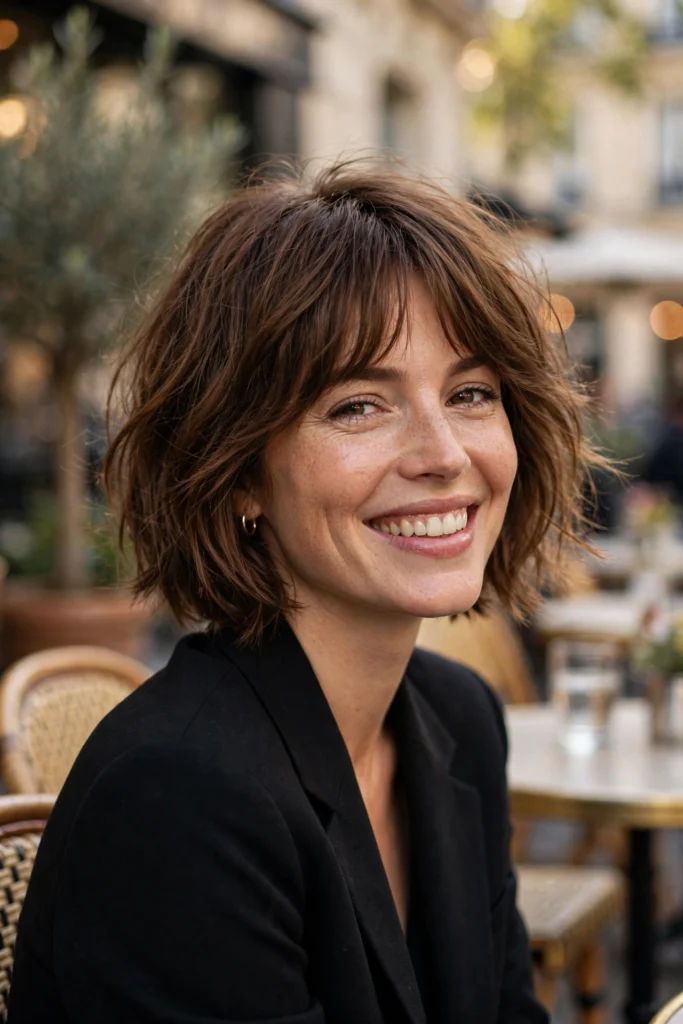 What is a french bob, tousled brown french bob with bangs at a cafe