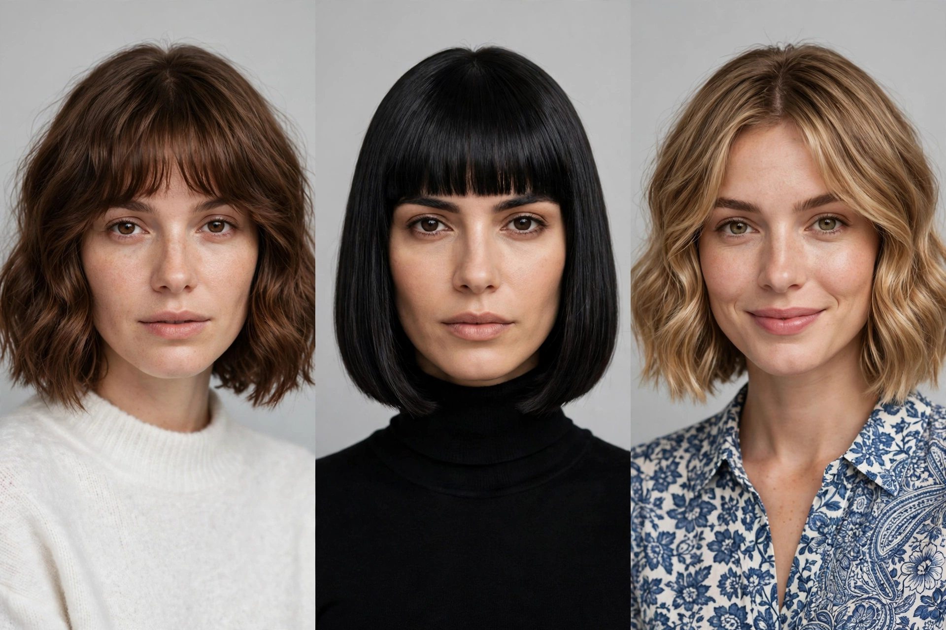 Three french bob styles comparison, wavy brown, black blunt, blonde