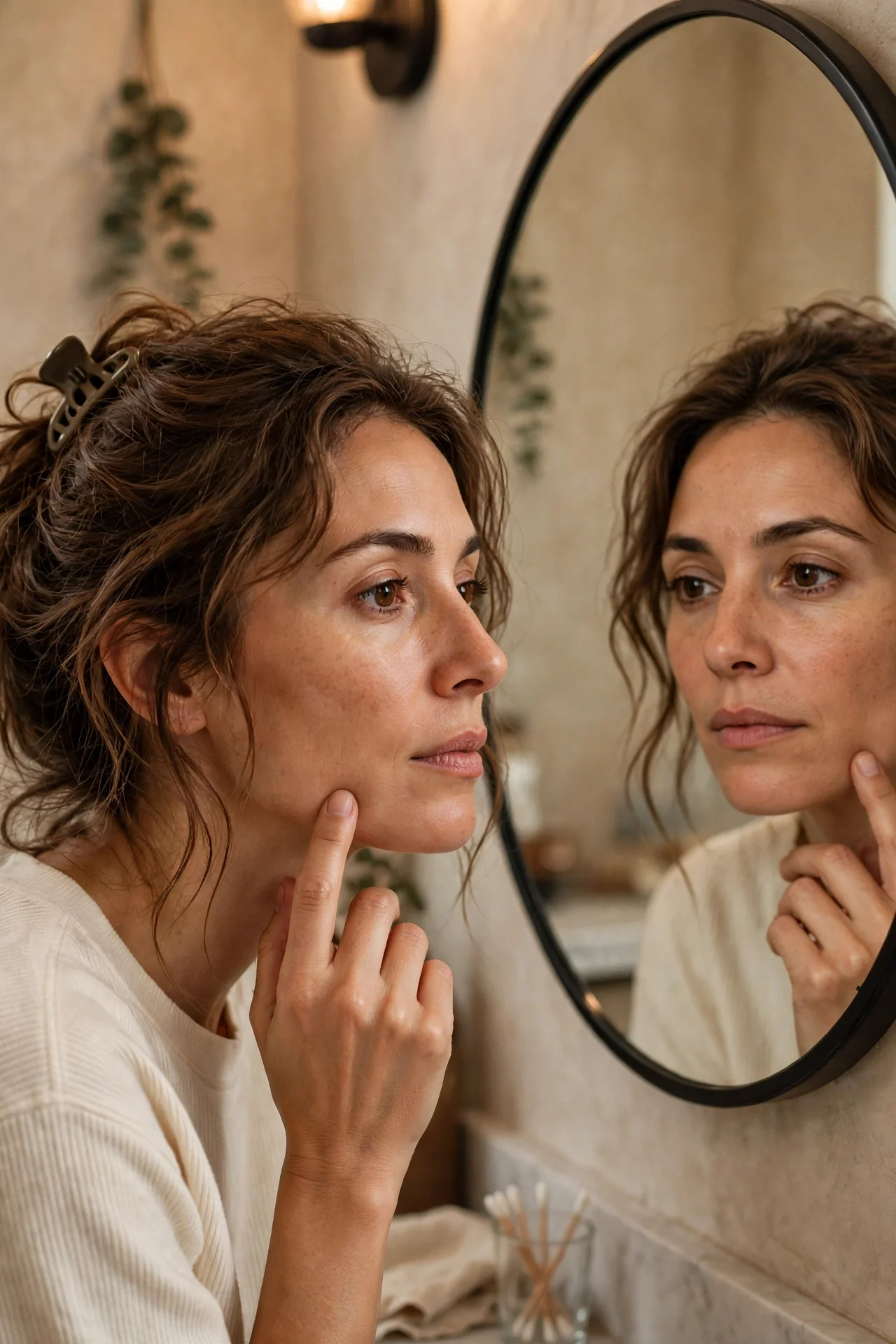 Woman checking her face shape in a mirror, deciding if a bixie haircut will suit her