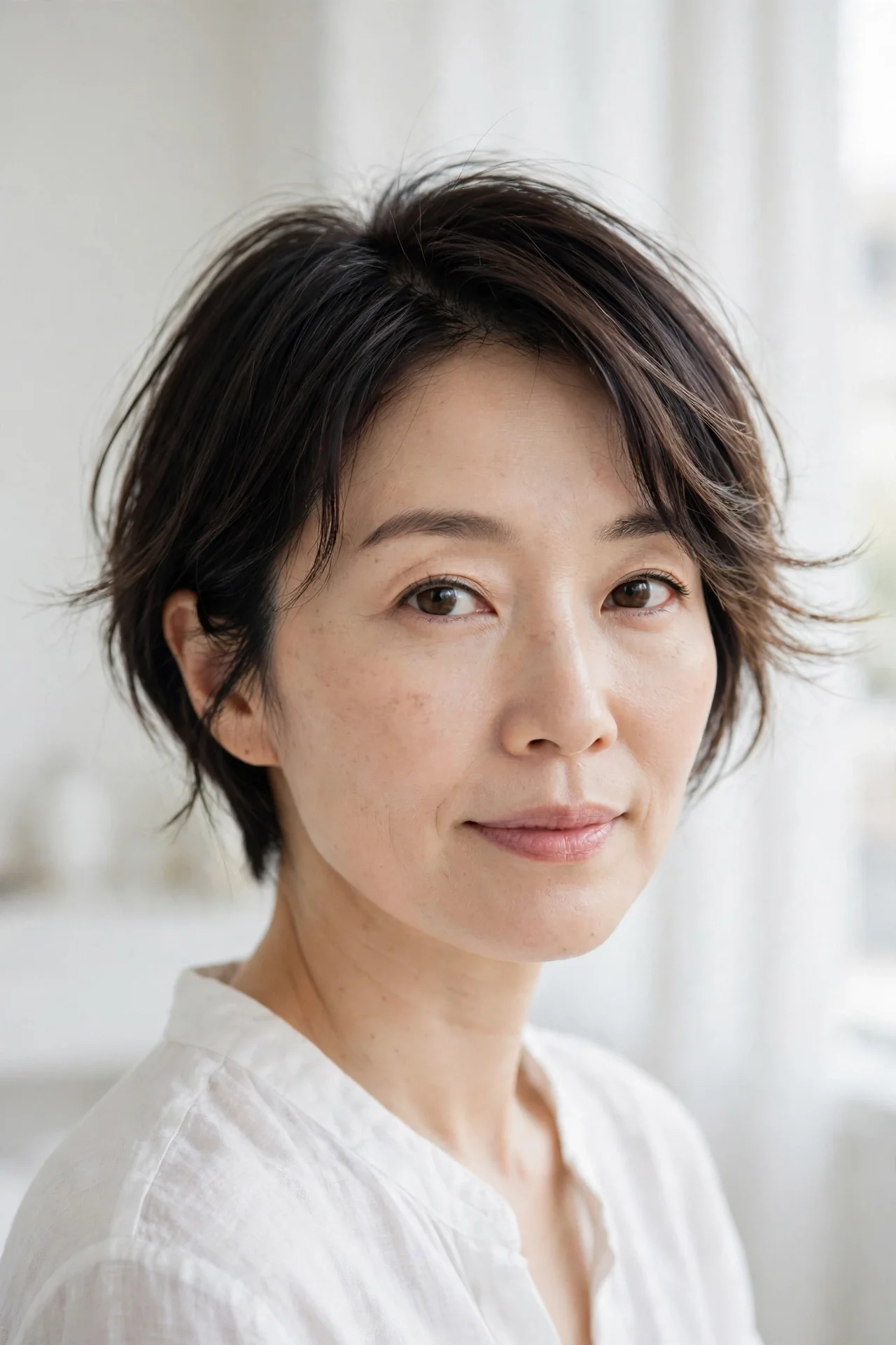 Wispy bixie cut for fine hair with airy texture on a woman in her 40s