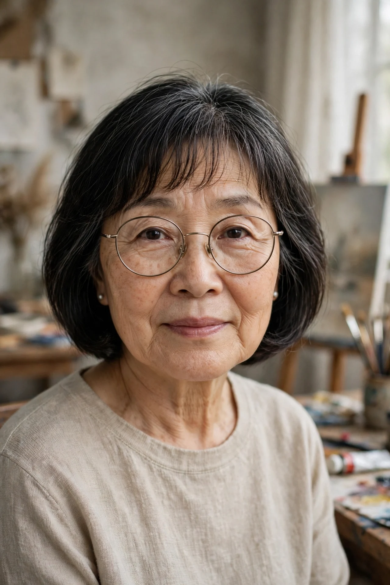 italian bob with wispy fringe and round glasses on an Asian woman in her 60s